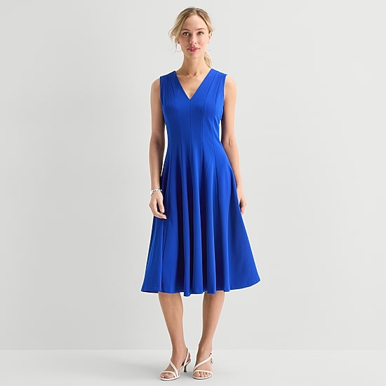 Marc New York Womens Midi V Neck Sleeveless Fit + Flare Dress