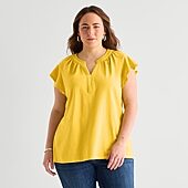 St. John's Bay Womens Plus Split Crew Neck Short Sleeve Blouse