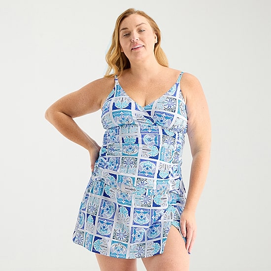Liz Claiborne Womens Patchwork Plus Tankini Swimsuit Top