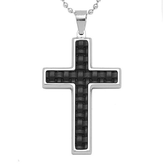 Mens Stainless Steel & Leather Cross Pendant Necklace