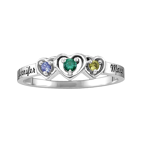 Personalized Womens Simulated Sterling Silver Heart 3-Stone Cocktail Ring