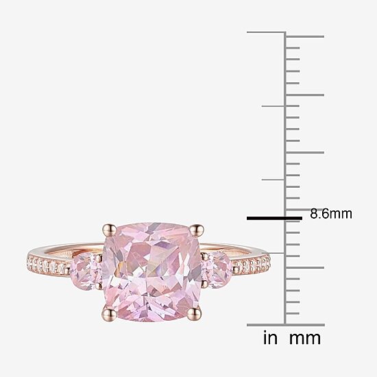Womens Lab Created Pink Sapphire 14K Rose Gold Over Silver Cushion 3-Stone Side Stone Cocktail Ring
