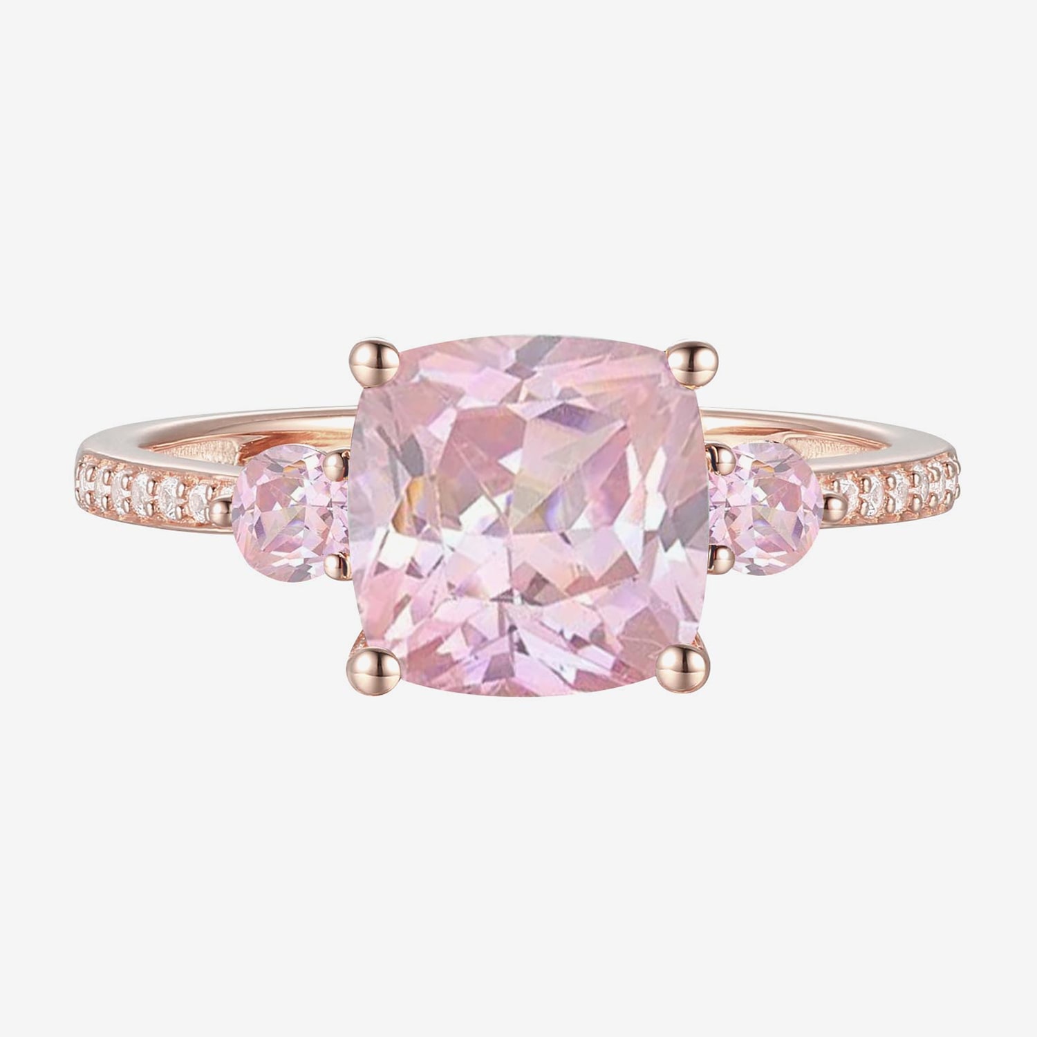 Womens Lab Created Pink Sapphire 14K Rose Gold Over Silver Cushion 3-Stone Side Stone Cocktail Ring