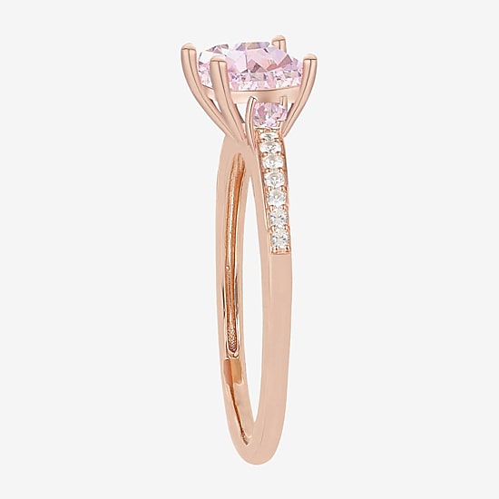 Womens Lab Created Pink Sapphire 14K Rose Gold Over Silver Cushion 3-Stone Side Stone Cocktail Ring