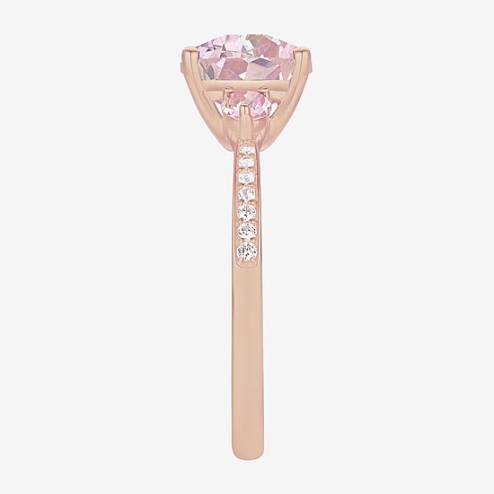 Womens Lab Created Pink Sapphire 14K Rose Gold Over Silver Cushion 3-Stone Side Stone Cocktail Ring