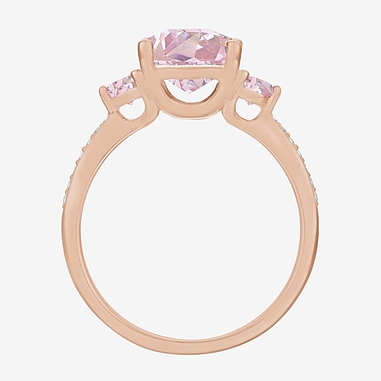 Womens Lab Created Pink Sapphire 14K Rose Gold Over Silver Cushion 3-Stone Side Stone Cocktail Ring