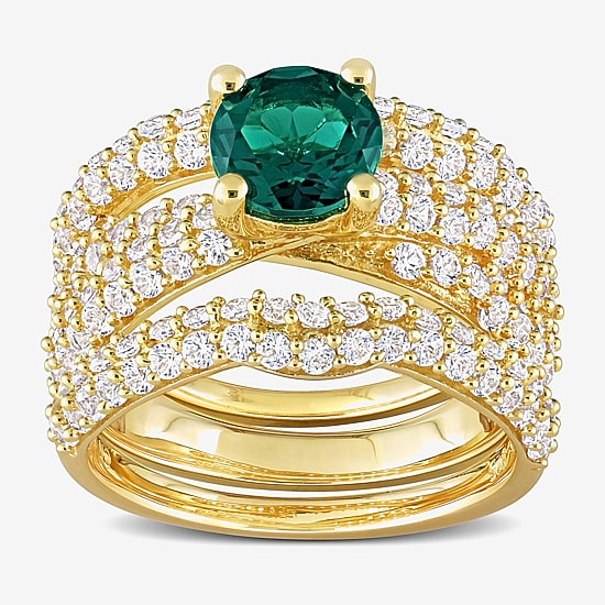 Womens Lab Created Green Emerald 18K Gold Over Silver Round Bridal Set