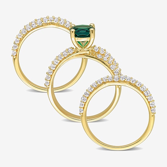 Womens Lab Created Green Emerald 18K Gold Over Silver Round Bridal Set