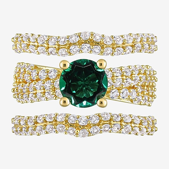 Womens Lab Created Green Emerald 18K Gold Over Silver Round Bridal Set