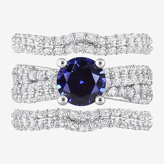 Modern Bride Gemstone Womens Lab Created Blue Sapphire Sterling Silver Round Bridal Set