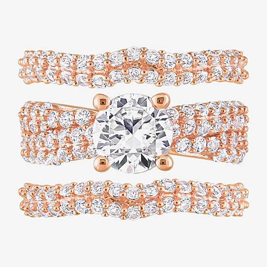 Womens Lab Created White Sapphire 18K Rose Gold Over Silver Round Bridal Set