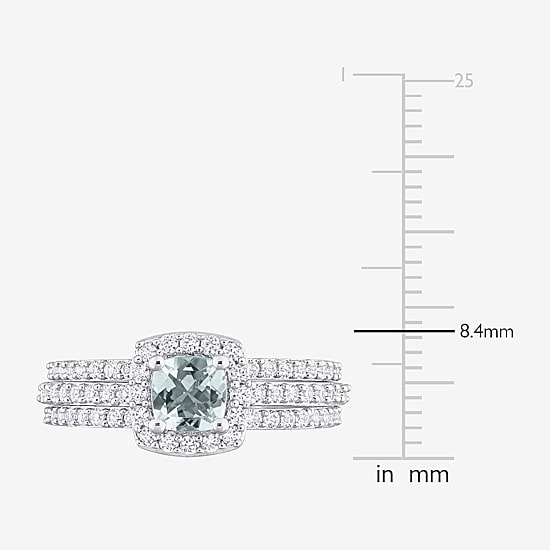 Modern Bride Gemstone Womens Genuine Blue Aquamarine Sterling Silver Cushion Side Stone Halo Bridal Set