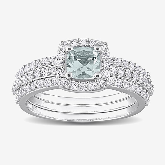 Modern Bride Gemstone Womens Genuine Blue Aquamarine Sterling Silver Cushion Side Stone Halo Bridal Set