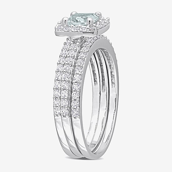 Modern Bride Gemstone Womens Genuine Blue Aquamarine Sterling Silver Cushion Side Stone Halo Bridal Set