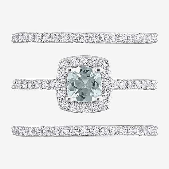 Modern Bride Gemstone Womens Genuine Blue Aquamarine Sterling Silver Cushion Side Stone Halo Bridal Set