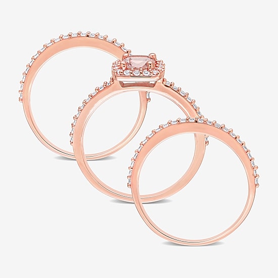 Modern Bride Gemstone Womens Genuine Pink Morganite 18K Rose Gold Over Silver Cushion Side Stone Halo Bridal Set