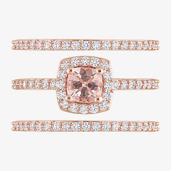 Modern Bride Gemstone Womens Genuine Pink Morganite 18K Rose Gold Over Silver Cushion Side Stone Halo Bridal Set