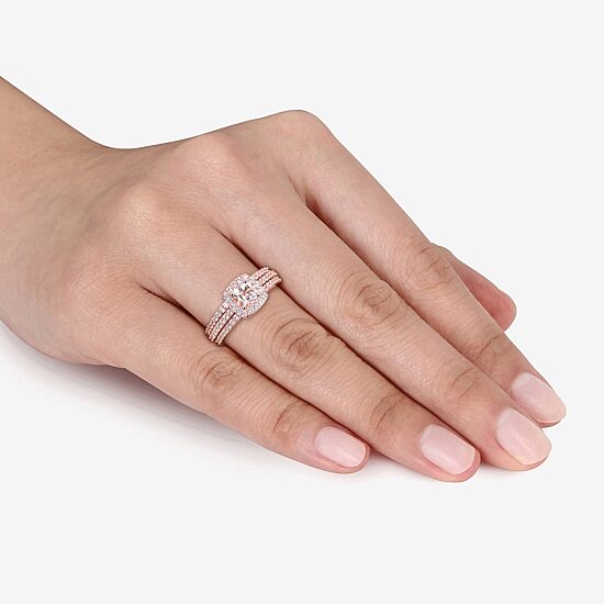 Modern Bride Gemstone Womens Genuine Pink Morganite 18K Rose Gold Over Silver Cushion Side Stone Halo Bridal Set