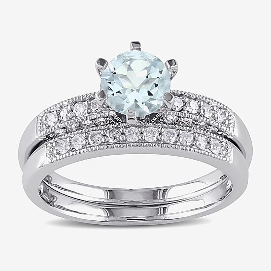 Modern Bride Gemstone Womens 1/3 CT. T.W. Genuine Blue Aquamarine 10K Gold Round Side Stone Bridal Set