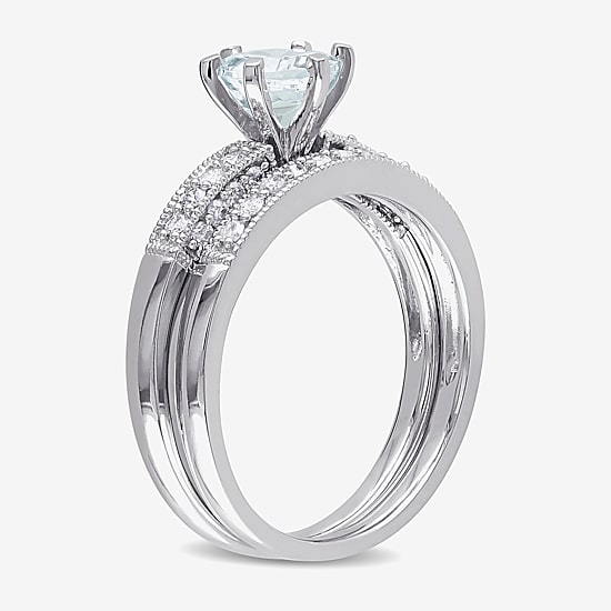 Modern Bride Gemstone Womens 1/3 CT. T.W. Genuine Blue Aquamarine 10K Gold Round Side Stone Bridal Set