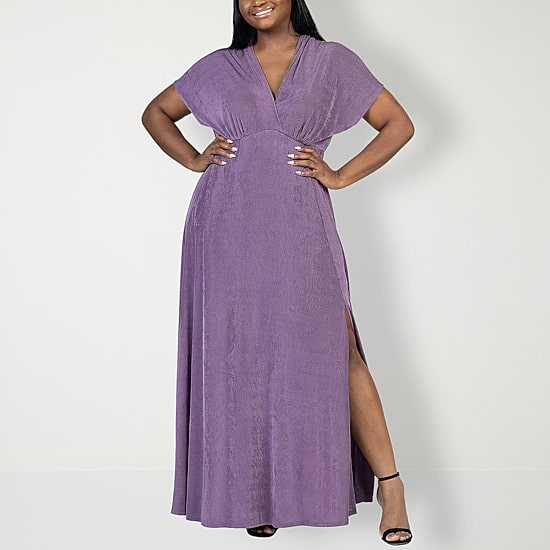 24seven Comfort Apparel Womens Plus V Neck Short Sleeve Flutter Maxi Dress