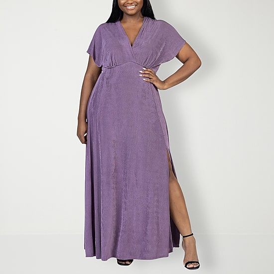 24seven Comfort Apparel Womens Plus V Neck Short Sleeve Flutter Maxi Dress