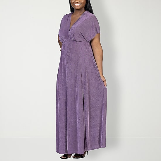 24seven Comfort Apparel Womens Plus V Neck Short Sleeve Flutter Maxi Dress