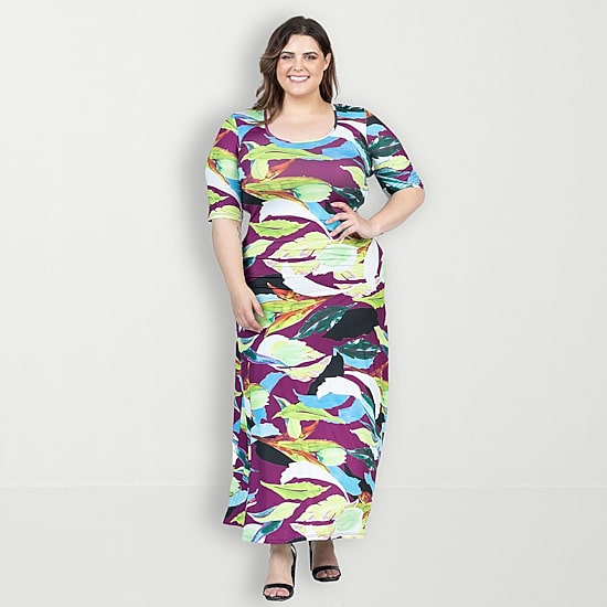24seven Comfort Apparel Womens Plus Scoop Neck Elbow Sleeve Maxi Dress