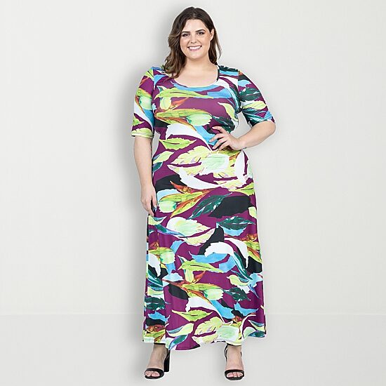 24seven Comfort Apparel Womens Plus Scoop Neck Elbow Sleeve Maxi Dress