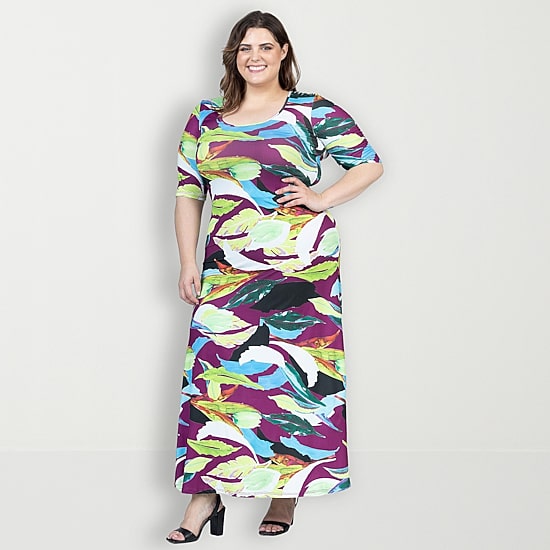 24seven Comfort Apparel Womens Plus Scoop Neck Elbow Sleeve Maxi Dress