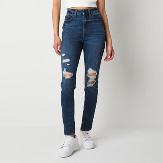 Arizona Womens Ripped High Rise Curvy Fit Skinny Fit Jean
