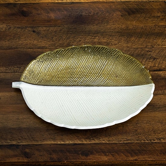Nearly Natural 14" Gold And White Leaf Decorative Tray
