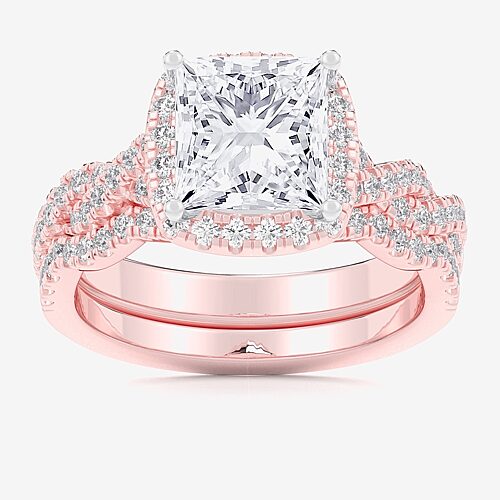 (G-H / Si1-Si2) Womens 1 1/2 CT. T.W. Lab Grown White Diamond 14K Gold Side Stone Halo Bridal Set, 9, Rose