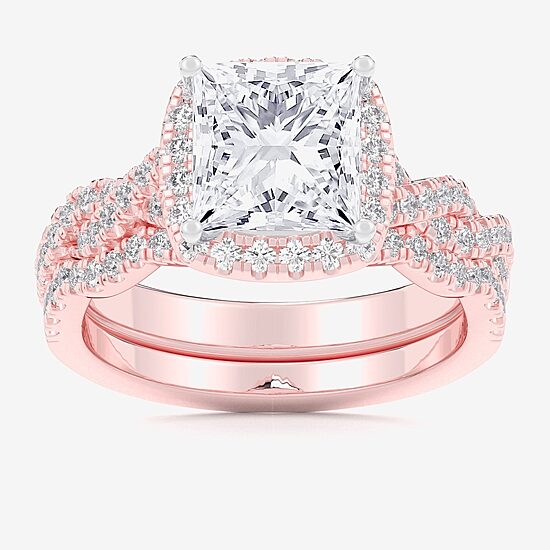 (G-H / Si1-Si2) Womens 1 1/2 CT. T.W. Lab Grown White Diamond 14K Gold Side Stone Halo Bridal Set