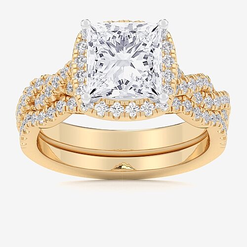 (G-H / Si1-Si2) Womens 1 1/2 CT. T.W. Lab Grown White Diamond 14K Gold Side Stone Halo Bridal Set, 9, Yellow