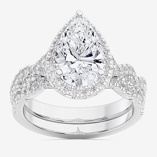 (G-H / Si1-Si2) Womens 1 1/2 CT. T.W. Lab Grown White Diamond 14K Gold Pear Side Stone Halo Bridal Set, 9, White