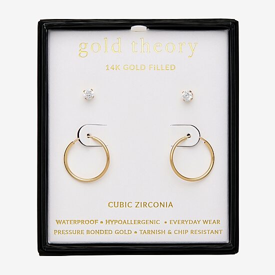 Gold Theory Womens Cubic Zirconia Round 2 Pair Earring Set