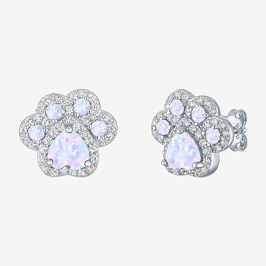 Paw Print Lab Created White Opal Sterling Silver 4mm Stud Earrings