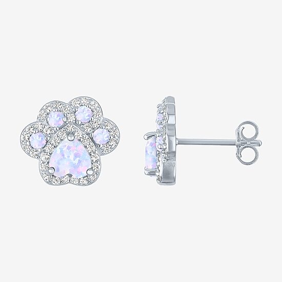 Paw Print Lab Created White Opal Sterling Silver 4mm Stud Earrings