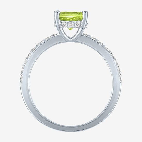 Womens Genuine Green Peridot Sterling Silver Oval Side Stone Cocktail Ring