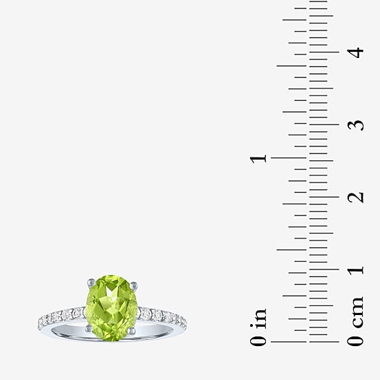 Womens Genuine Green Peridot Sterling Silver Oval Side Stone Cocktail Ring