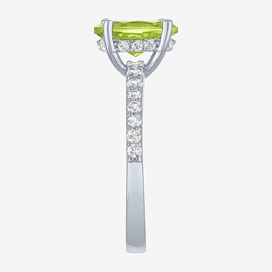 Womens Genuine Green Peridot Sterling Silver Oval Side Stone Cocktail Ring