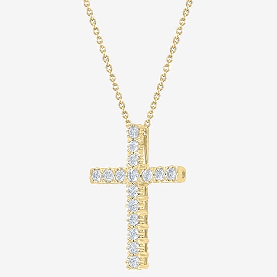 (G/Si2) Womens 1/4 CT. T.W. Lab Grown White Diamond 10K Gold Cross 18 Inch Pendant Necklace