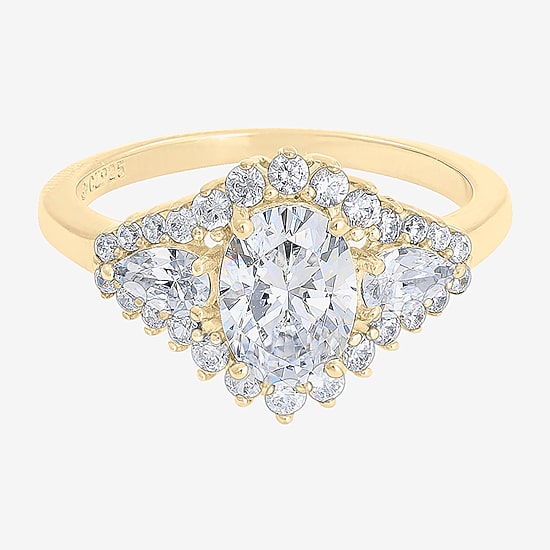 Diamonart Womens Cubic Zirconia 14K Gold Over Silver Sterling Silver Oval Pear 3-Stone Engagement Ring