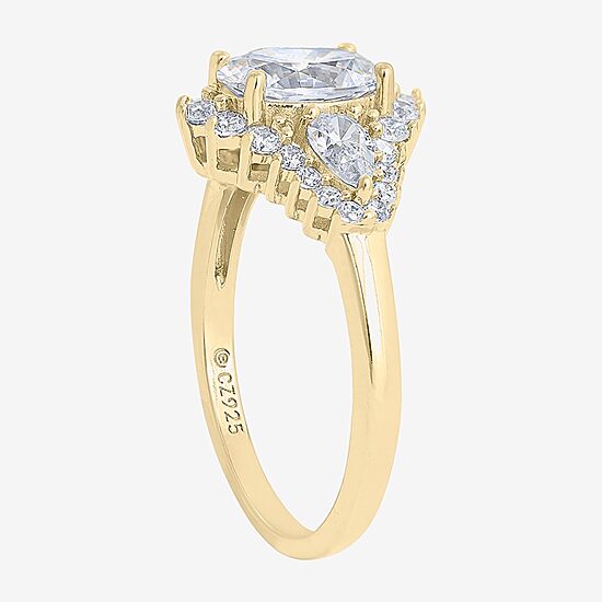 Diamonart Womens Cubic Zirconia 14K Gold Over Silver Sterling Silver Oval Pear 3-Stone Engagement Ring