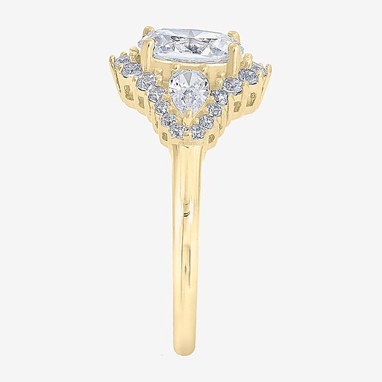 Diamonart Womens Cubic Zirconia 14K Gold Over Silver Sterling Silver Oval Pear 3-Stone Engagement Ring