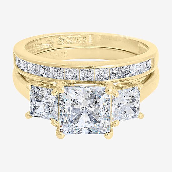 Diamonart Womens Cubic Zirconia 14K Gold Over Silver 3-Stone Bridal Set