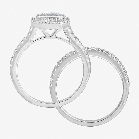 Diamonart Womens Cubic Zirconia Sterling Silver Cushion Side Stone Halo Bridal Set