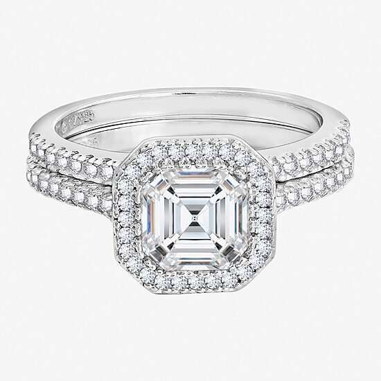Diamonart Womens Cubic Zirconia Sterling Silver Cushion Side Stone Halo Bridal Set
