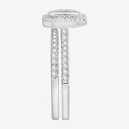 Diamonart Womens Cubic Zirconia Sterling Silver Cushion Side Stone Halo Bridal Set